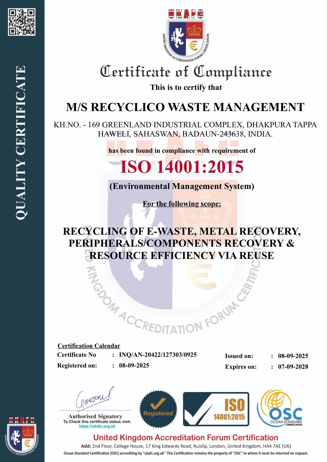 ISO 14001 Environmental Management System Certificate - Recyclico Waste Management