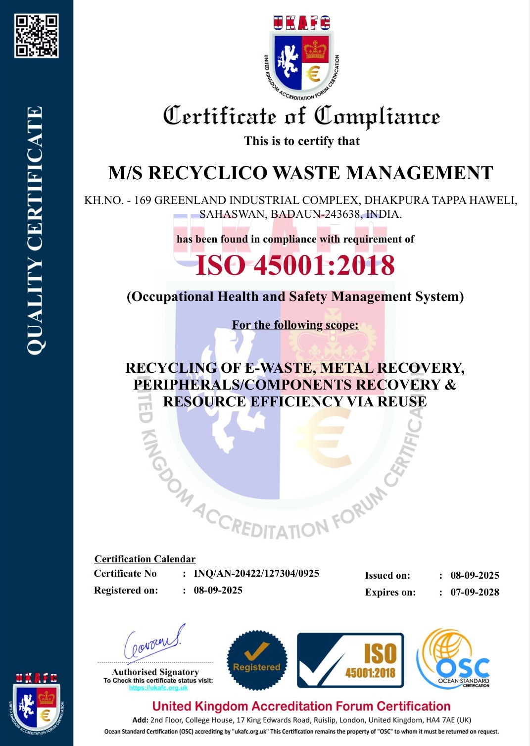 ISO 45001 Occupational Health and Safety Management Certificate - Recyclico Waste Management
