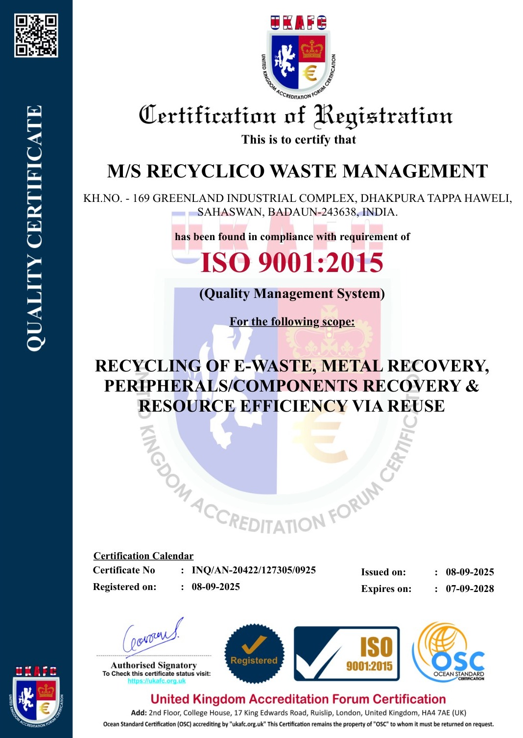 ISO 9001 Quality Management System Certificate - Recyclico Waste Management